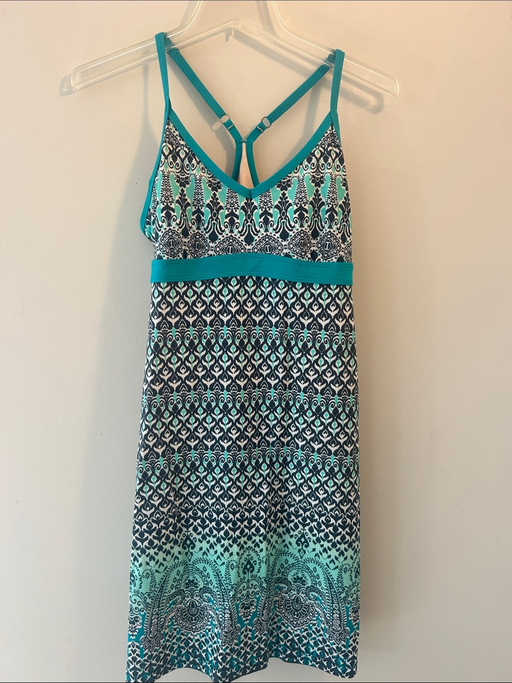 Athleta Teal and Navy Printed Midi Dress with Strappy Back